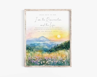 Yo soy la resurrección y la vida Juan 11:25-26 Versículo bíblico Arte mural Impresión Jesús Señor Escritura imprimible Él ha resucitado Decoración de Pascua Iglesia