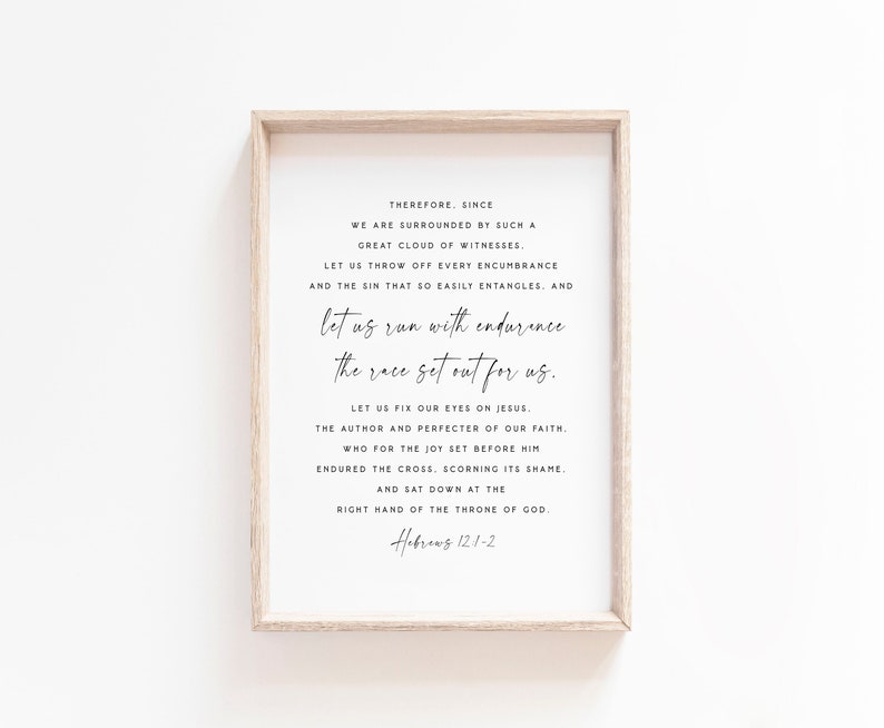 Hebrews 12:1-2 Let us Run With Endurance The Race Bible Verse Wall Art Print Baptism Gift Scripture printable baptism gift fix eyes on Jesus