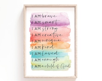 I am Brave, I am a Child of God Kids Positive Affirmation Print Love God Confidence Kids Rainbow Nursery Scripture printable Bible verse