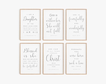 Christian Nursery Girl Set of 6 Scripture printable Proverbs 31 Fearfully Wonderfully Woman Bible Verse Wall Art Daughter of a King Jesus