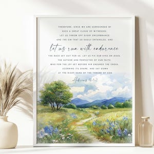 Hebrews 12:1 et us Run With Endurance The Race Watercolor Bible Verse Wall Art Baptism Gift Scripture printable Fruit of Spirit Salvation