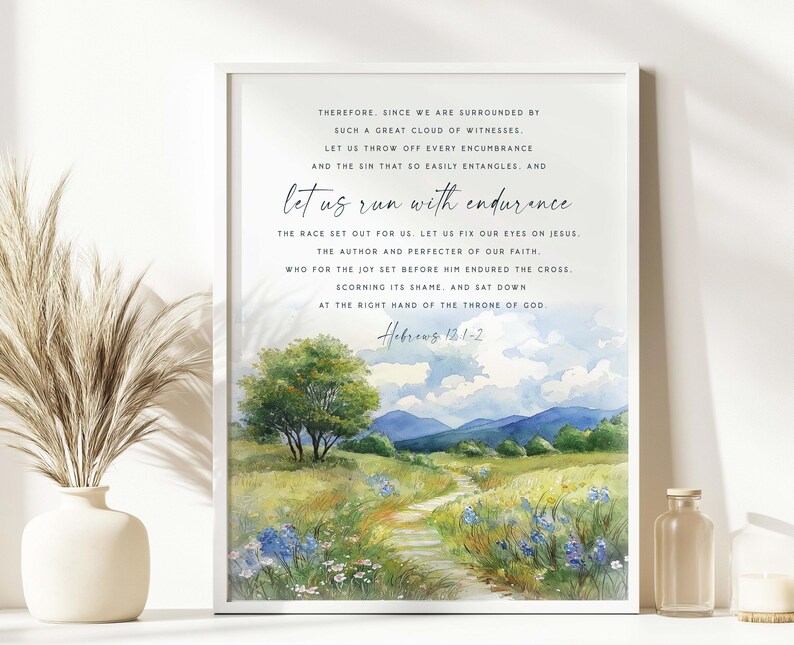 Hebrews 12:1 et us Run With Endurance The Race Watercolor Bible Verse Wall Art Baptism Gift Scripture printable Fruit of Spirit Salvation