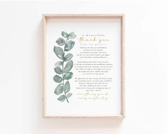 A Parents Thank You Poem Printable Nursery Teachers Teaching Teacher's Day Wall Art Gift Teacher Appreciation Letter End of Year gift