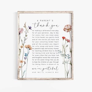 Un regalo imprimible de agradecimiento para padres, maestros de guardería, enseñanza, arte de pared para el Día del Maestro, carta de agradecimiento para maestros, regalo de fin de año