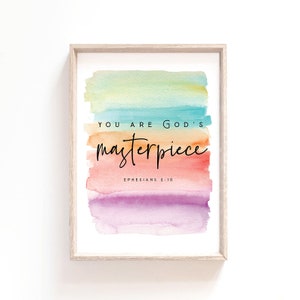 You are God&#39;s masterpiece Ephesians 2:10 Rainbow Bible Verse Wall Art Scripture Wall Art Rainbow Christian Baby Neutral Nursery Wall Art