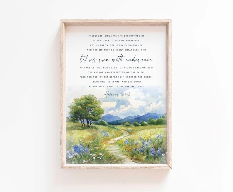 Hebrews 12:1 et us Run With Endurance The Race Watercolor Bible Verse Wall Art Baptism Gift Scripture printable Fruit of Spirit Salvation