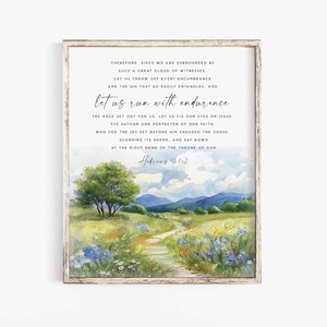 Hebrews 12:1 et us Run With Endurance The Race Watercolor Bible Verse Wall Art Baptism Gift Scripture printable Fruit of Spirit Salvation