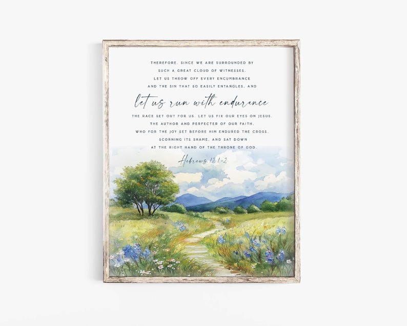 Hebrews 12:1 et us Run With Endurance The Race Watercolor Bible Verse Wall Art Baptism Gift Scripture printable Fruit of Spirit Salvation