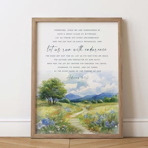 Hebrews 12:1 et us Run With Endurance The Race Watercolor Bible Verse Wall Art Baptism Gift Scripture printable Fruit of Spirit Salvation