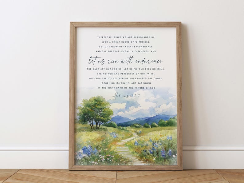 Hebrews 12:1 et us Run With Endurance The Race Watercolor Bible Verse Wall Art Baptism Gift Scripture printable Fruit of Spirit Salvation