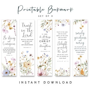 Può includere: Set di cinque segnalibri stampabili con disegni floreali e citazioni ispiratrici. Le citazioni includono "Sii forte e coraggioso", "Confida nel Signore", "Posso fare ogni cosa in Cristo che mi fortifica", "Delizia la tua anima nel Signore", e "Certamente la bontà e la misericordia mi seguiranno tutti i giorni della mia vita, e abiterò nella casa del Signore per sempre".