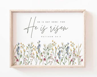 Él no está aquí porque ha resucitado Mateo 28:6 Versículo bíblico Arte de pared Impresión Arte de pared de Pascua Decoración Escritura Imprimible Resurrección Jesucristo