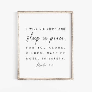 Psalm 4:8 I will lie down and sleep in peace Lord God Bible Verse Wall Art Minimalist Scripture Printable Pray Prayer Psalm 23 david baptism