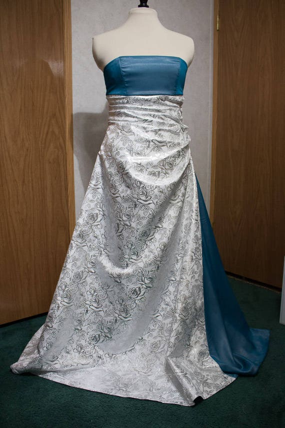 wedding dress with blue accents