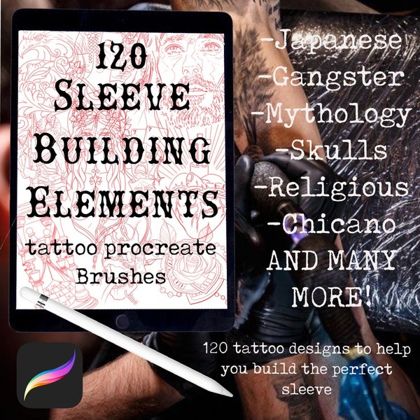 120 tattoo procreate brushes, sleeve designs , tattoo designs , procreate brushes , tattoo elements , tattoo artist , sleeve building