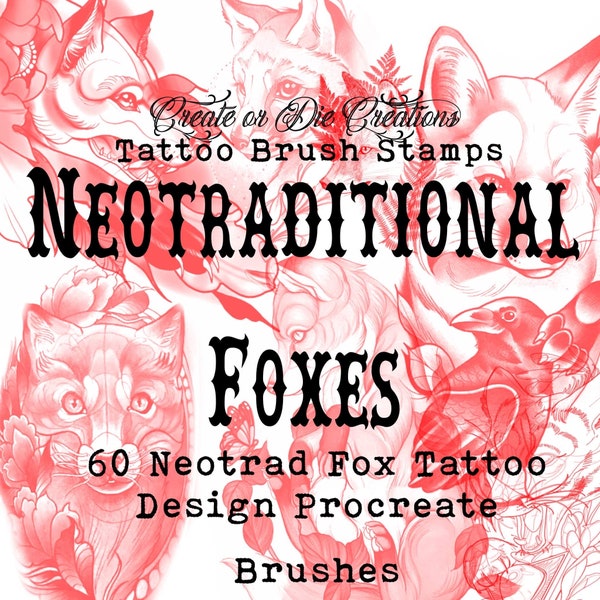 Tattoo Procreate Brush Set, Neotraditional Foxes , 60 tattoo design brush stamps , neotrad tattoo designs , for professional tattoo artists