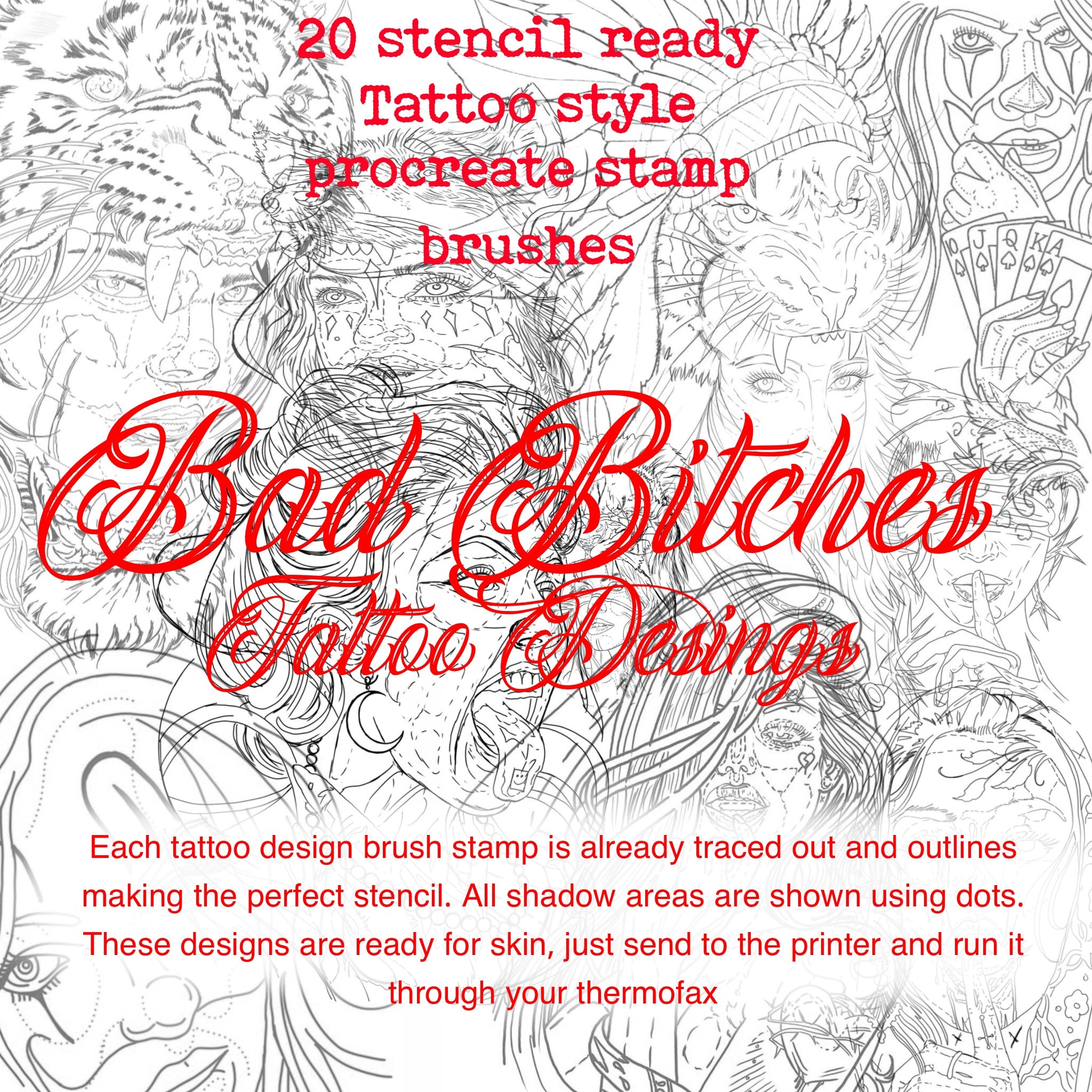 Stencil ready Tattoo design procreate brush set 20 stencil Etsy