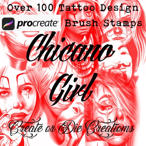 Tattoo Procreate Brushes, Over 100 Chicano girl / day of the dead girl tattoo design procreate brush stamps, Chicano clown girl tattoo brush