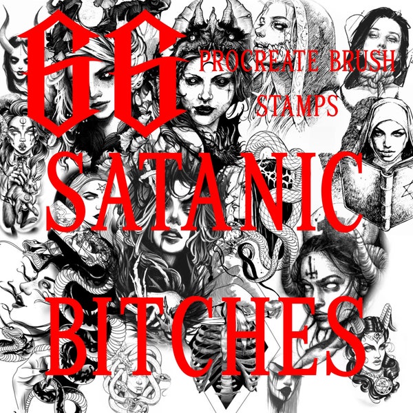 66 satanic bitches tattoo design procreate brush stamps, evil, occult ,gothic, art ,tattoo procreate brushes , brush stamps