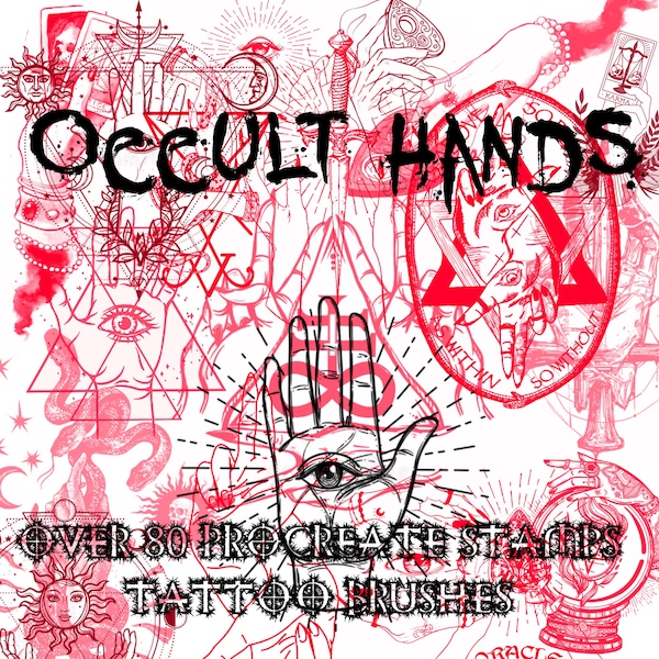 Tattoo procreate brush set , occult hands , over 80 tattoo design brush stamps , occult symbols