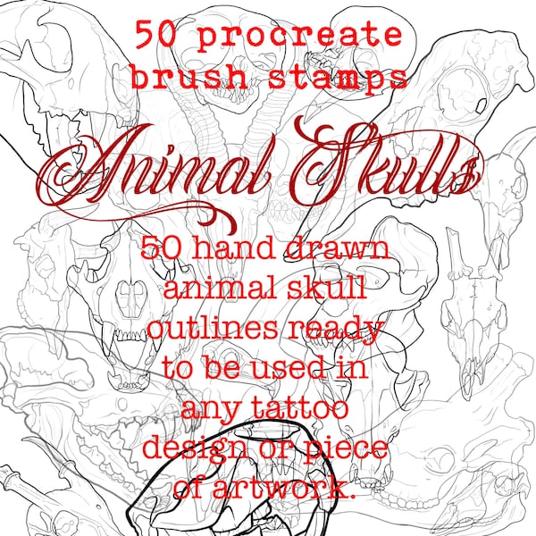 50 animal skull tattoo procreate brushes , tattoo design, tattoo brush, procreate