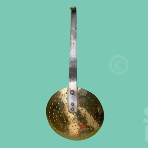 French Brass Chef's Skimmer | Vintage Professional Kitchen Utensil | Copper Riveted Passoire