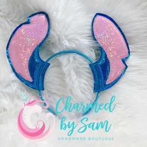 Glitter Stitch Holographic Inspired Minnie Mickey Ears headband, Disneyland, Stitch Headband, Blue Alien, Sequin Bow, Lilo and Stitch Angel