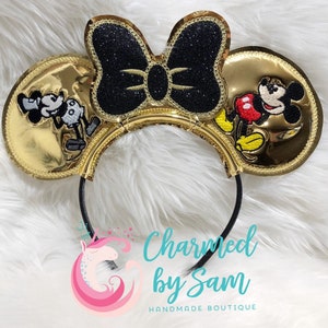 Custom Gold Retro Mickey Minnie Inspired Mouse Ears, Metallic Ears, Disney Princess, Glitter Bow, Glitter Ears, Disney Celebration