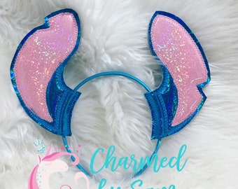 Glitter Stitch Holographic Inspired Minnie Mickey Ears headband, Disneyland, Stitch Headband, Blue Alien, Sequin Bow, Lilo and Stitch Angel