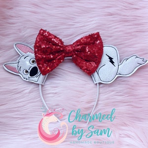 Glitter vinyl Bolt Dog Inspired Ears, sequin bow, adult/child headband, dog ears, dog bow, Bolt Bow