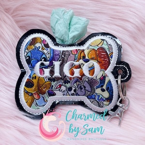 Clip On Custom Fabric Disney Dogs and Vinyl Poop Poo Bag Holder, Service Dog, New Pet Owner Gift, Stocking Stuffer, personalized gift