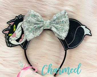 Glitter Lucifer cat Cinderella Minnie Mickey Ears, Disney Princess, photo prop, adult/child headband