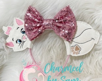 Marie Aristocats Inspired fuzzy faux fur Mickey Minnie Ears, adult child headband, White Cat, Cat headband, Marie Bow, Cat Bow