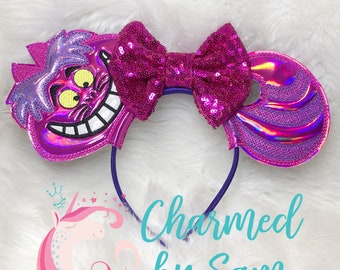 Glitter Holo Chesire Cat Glow in the dark smile Inspired Mouse Ears, Alice In Wonderland Minnie Mickey Ears, adult/child headband, Cat Ears