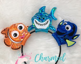 Nemo Dory Bruce Inspired Mickey Minnie Ears, Finding Nemo Birthday, Finding Dory Birthday Party, Fish Are Friends,Glitter Bow