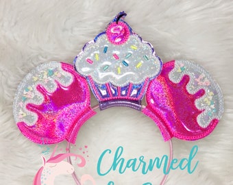 Custom Glitter vinyl Birthday Snack Cupcake Ears, Ice Cream Ears, Disney Snacks Minnie Mickey Ears headband, Disney Princess, Princess Ears