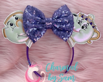 Custom Beauty & the Beast, Mrs. Potts, Chip Ears, Belle, Beast, Be Our Guest Minnie Mickey Ears, Sequin Bow, Disney Princess, adult/child