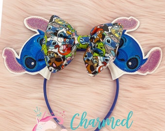 Glitter Holographic Stitch Inspired Minnie Mickey Ears headband, Disneyland, Stitch Headband, Blue Alien, Sequin Bow, Lilo and Stitch