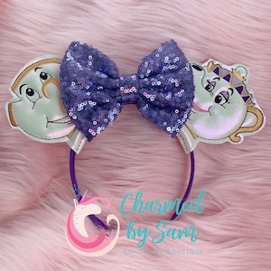 Custom Beauty & the Beast, Mrs. Potts, Chip Ears, Belle, Beast, Be Our Guest Minnie Mickey Ears, Sequin Bow, Disney Princess, adult/child