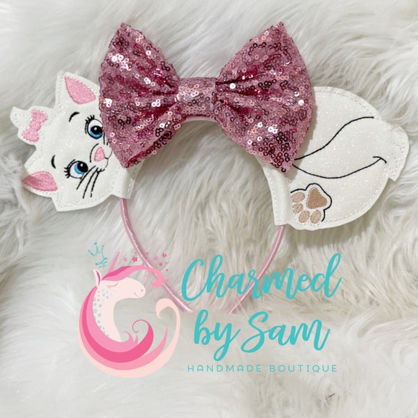 Marie Aristocats Inspired fuzzy faux fur Mickey Minnie Ears, adult child headband, White Cat, Cat headband, Marie Bow, Cat Bow