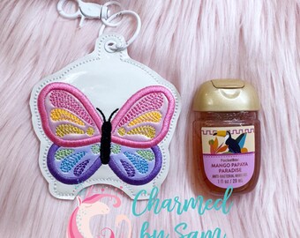 Clip On Custom Glitter Holo Butterfly Vinyl Hand Sanitizer Holder, Key Chain, Lanyard, Teacher Gift