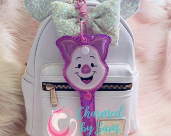 Piglet Pooh Holographic Glitter Inspired Minnie Mickey Ears holder, Piglet Keychain, Sunglasses holder, Pooh Eeyore Tigger Piglet