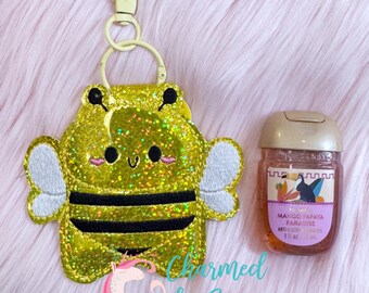 Clip On Custom Glitter Holo Bee Vinyl Hand Sanitizer Holder, Key Chain, Lanyard, Teacher Gift