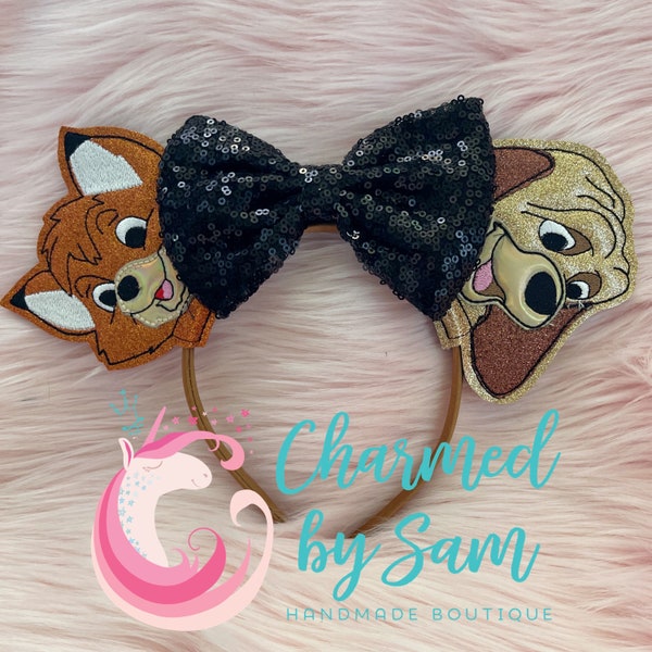 Glitter The Fox and The Hound Mouse Ears, best friend Ears, adult child headband, sequin bow, glitter dog ears, glitter fox ears, bff ears