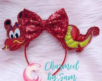 Glitter Mushu inspired Minnie Ears headband, Crickey, Mulan, Red Dragon, Disneyland birthday, Disney vacation, Disney princess, Glitter Ears