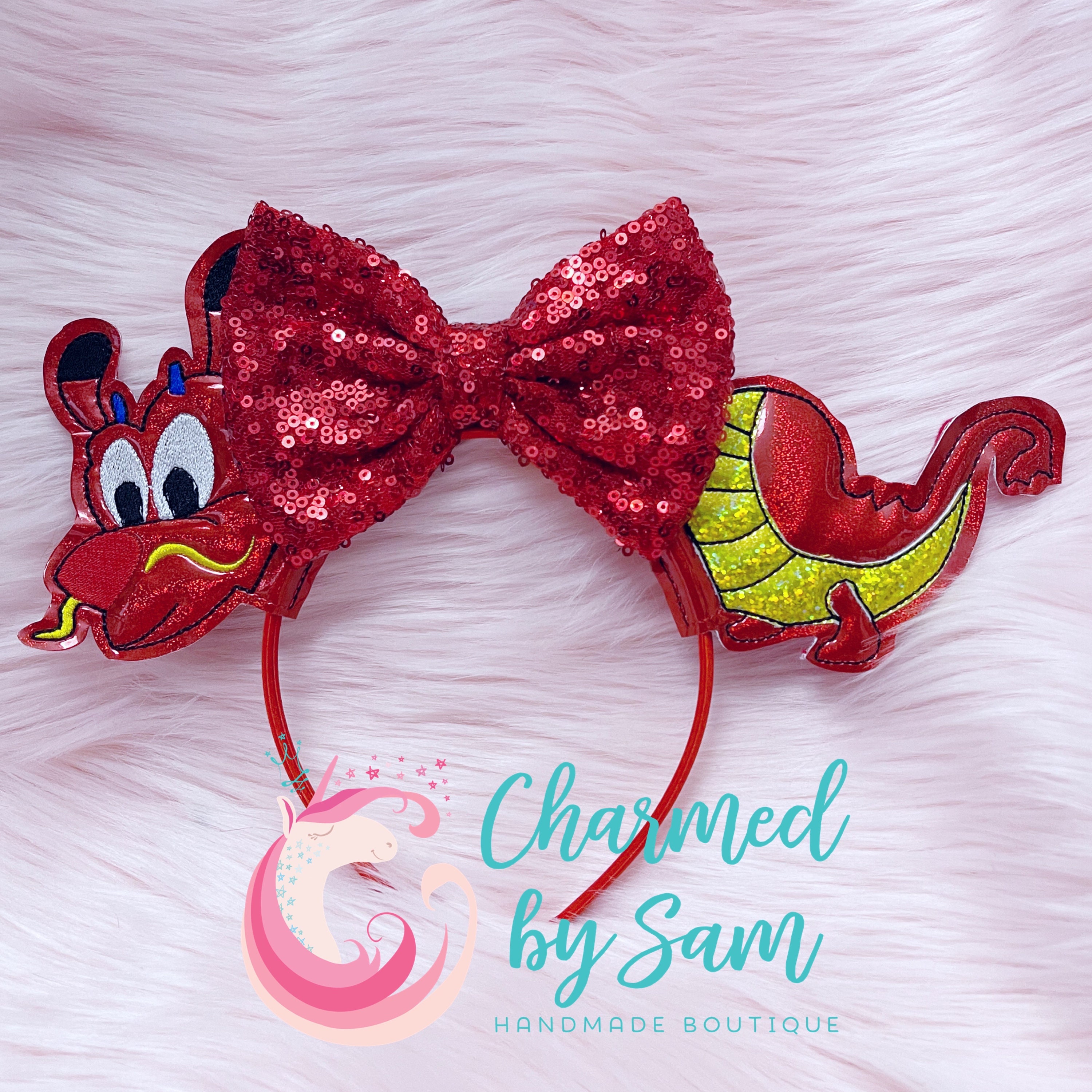 Glitter Mushu inspired Minnie Ears headband, Crickey, Mulan, Red Dragon, Disneyland birthday, Disney vacation, Disney princess, Glitter Ears