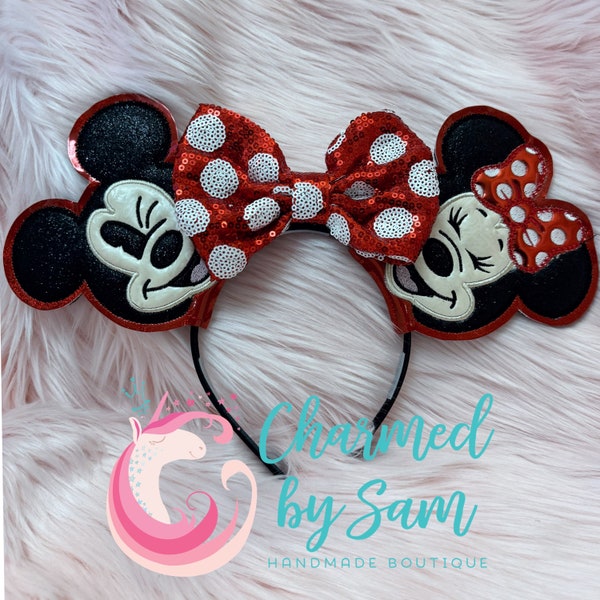 Glitter Mr. and Ms. Mouse Mickey Minnie Inspired Mouse Ears Headband, Metallic Ears, Glitter Bow, Glitter Ears, adult child headband