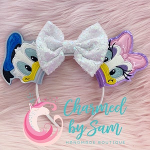 Glitter Donald Duck Daisy Duck Inspired Mouse Ears , Glitter Bow, Mickey Minnie Ears, adult child headband, sequin bow