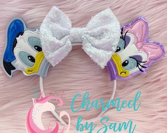 Glitter Donald Duck Daisy Duck Inspired Mouse Ears , Glitter Bow, Mickey Minnie Ears, adult child headband, sequin bow