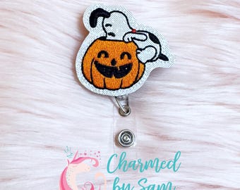 Glitter Halloween The Great Pumpkin Jack O Lantern Snoopy retractable badge reel, nurse badge reel healthcare badge reel